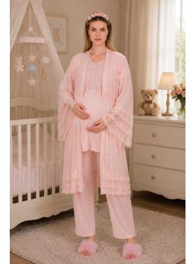 RİMEL Pudra Kısa Kollu Dantelli Lohusa Pijama Takım Sabahlık 33010